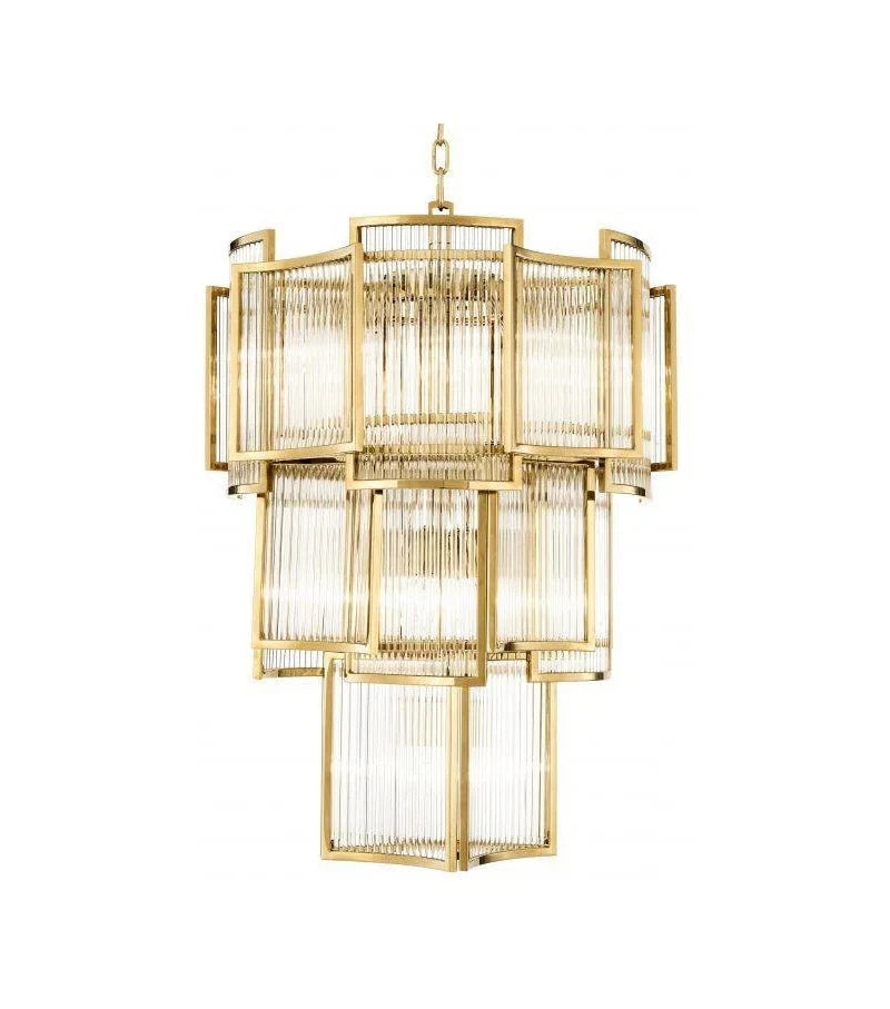 Lustre moderne à plusieurs niveaux avec tiges en cristal pour plafond haut
