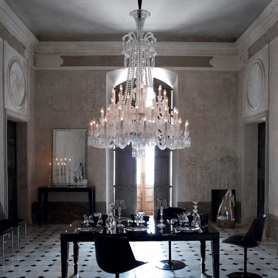 Lustre en cristal léger et luxueux, version longue, à plusieurs niveaux, idéal pour les pièces à haut plafond ou les salons
