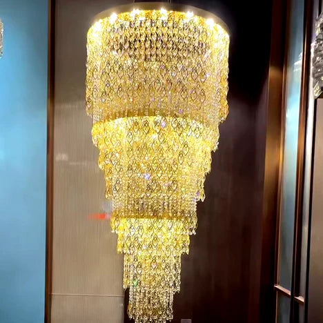 Luxury Multi-tiered Gold Feather Waterfall Crystal Chandelier for Villa/Staircase/Foyer/Living Room