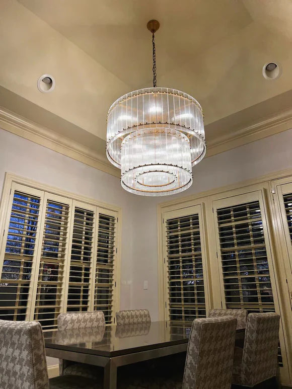 Lampadario moderno a 2 livelli con pannelli in vetro scanalato fatti a mano e rotondi