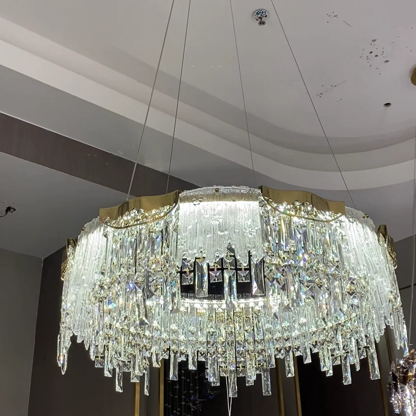 Lampadario moderno di lusso a 1/2 livelli, rotondo/rettangolare, in cristallo, finitura oro champagne, per soggiorno/sala da pranzo/camera da letto