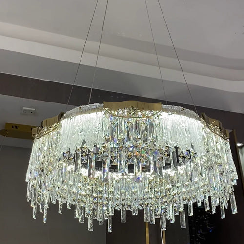 Lampadario moderno di lusso a 1/2 livelli, rotondo/rettangolare, in cristallo, finitura oro champagne, per soggiorno/sala da pranzo/camera da letto