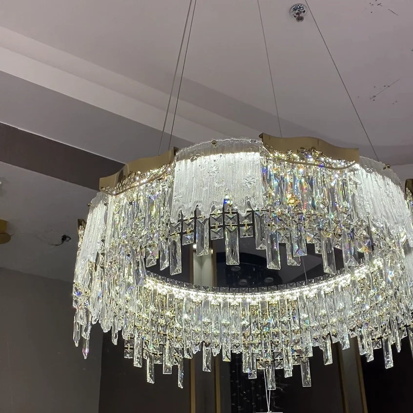 Lampadario moderno di lusso a 1/2 livelli, rotondo/rettangolare, in cristallo, finitura oro champagne, per soggiorno/sala da pranzo/camera da letto