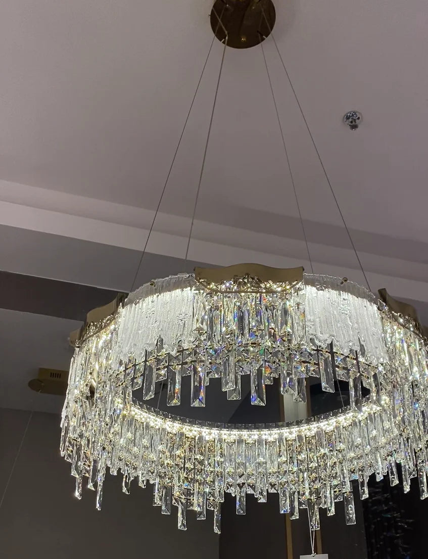 Lampadario moderno di lusso a 1/2 livelli, rotondo/rettangolare, in cristallo, finitura oro champagne, per soggiorno/sala da pranzo/camera da letto