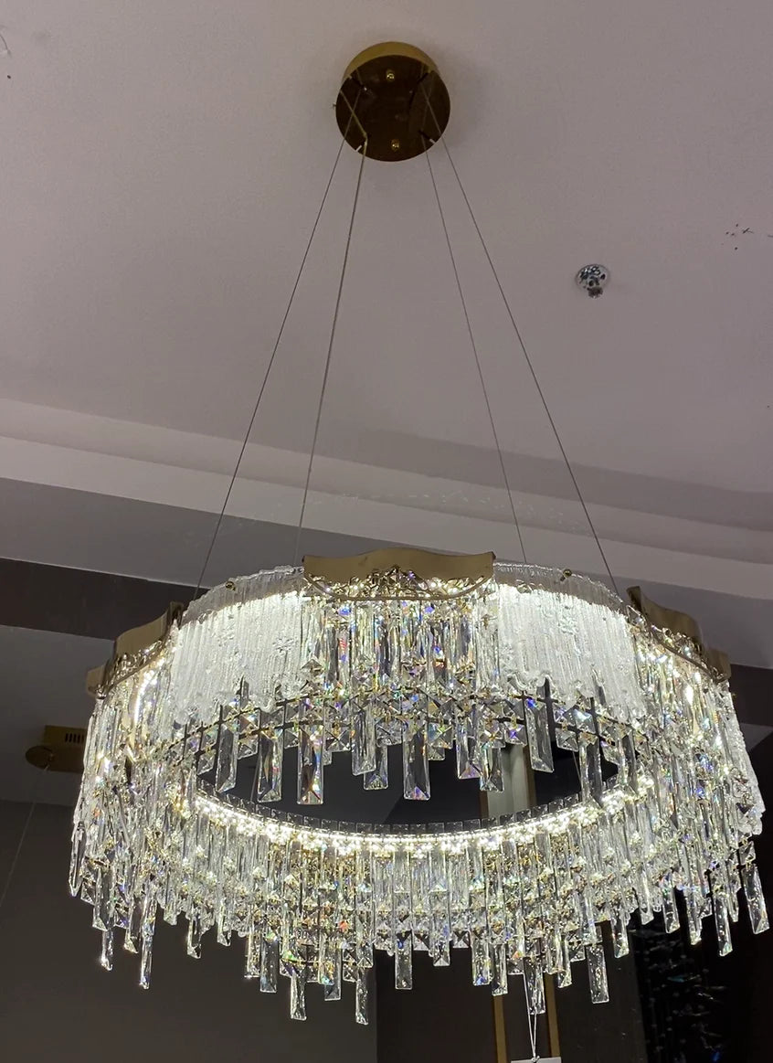 Lampadario moderno di lusso a 1/2 livelli, rotondo/rettangolare, in cristallo, finitura oro champagne, per soggiorno/sala da pranzo/camera da letto