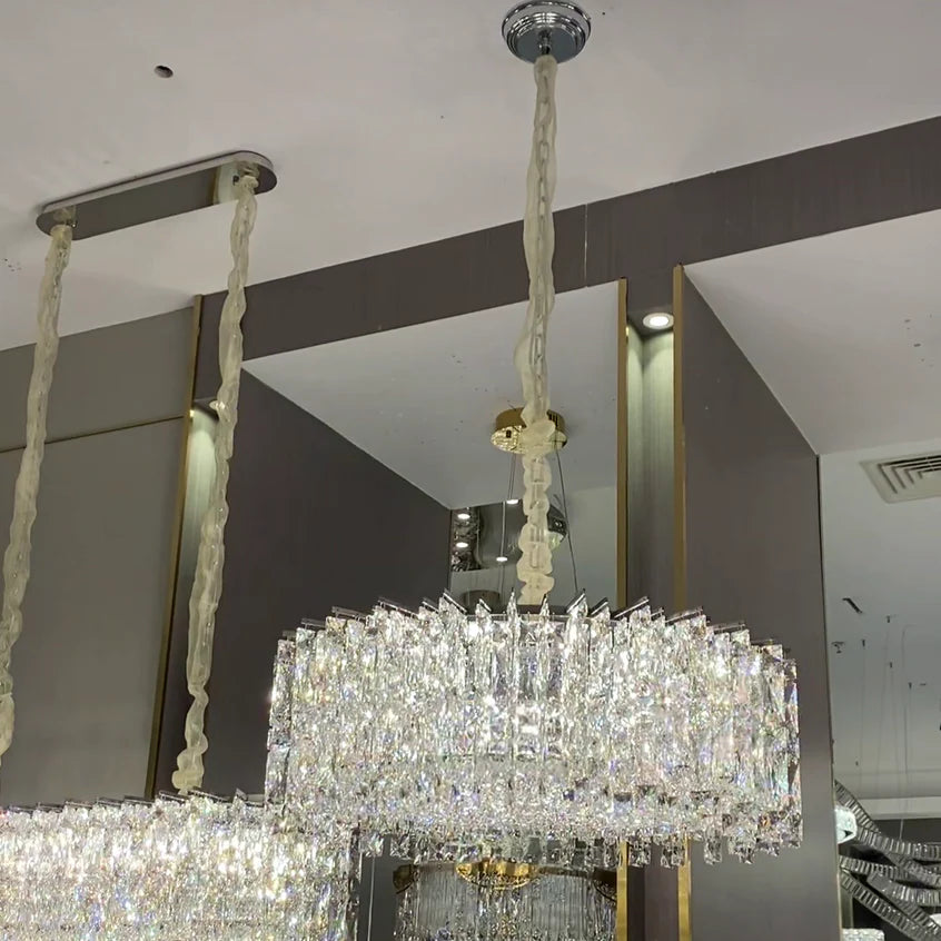 Lampadario moderno di lusso rotondo/rettangolare in cristallo di ghiaccio con finitura cromata per soggiorno/sala da pranzo/camera da letto