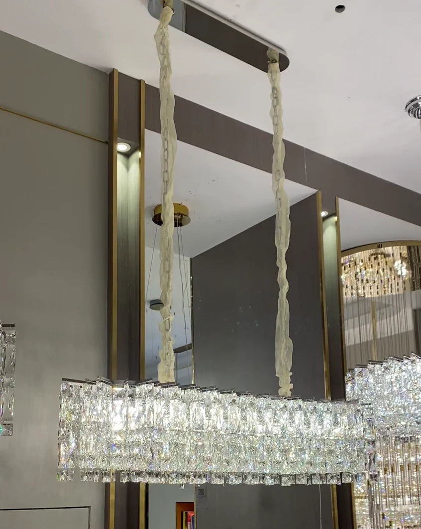 Lampadario moderno di lusso rotondo/rettangolare in cristallo di ghiaccio con finitura cromata per soggiorno/sala da pranzo/camera da letto