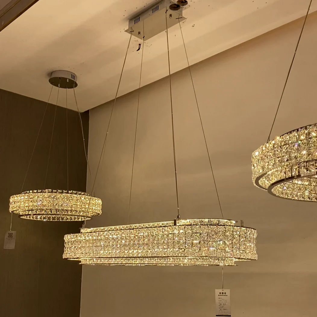 Lampadario di cristallo di lusso a due strati, rotondo/ovale, per soggiorno/sala da pranzo/isola della cucina