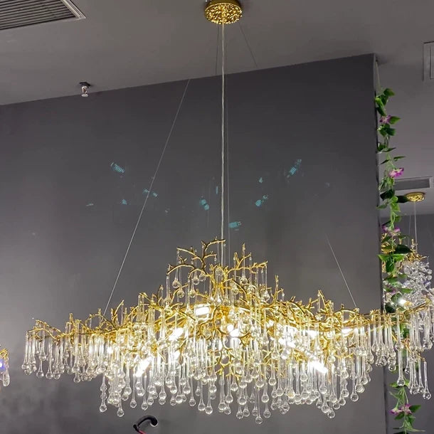 Lustre de luxe en cristal doré en forme de goutte d'eau pour salle à manger/îlot de cuisine