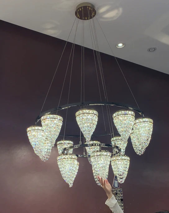 Lustre en cristal conque de luxe à 2 niveaux, moderne et léger