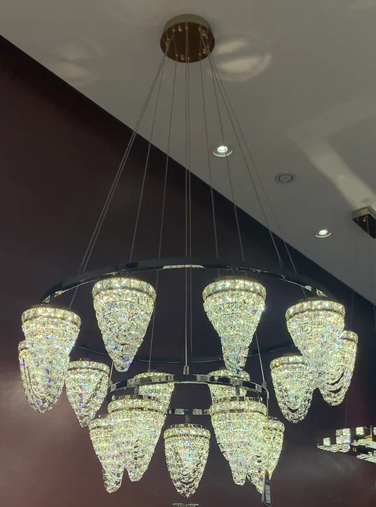 Lustre en cristal conque de luxe à 2 niveaux, moderne et léger