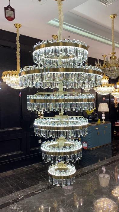 Lustre en cristal de luxe à 6 niveaux pour plafond haut