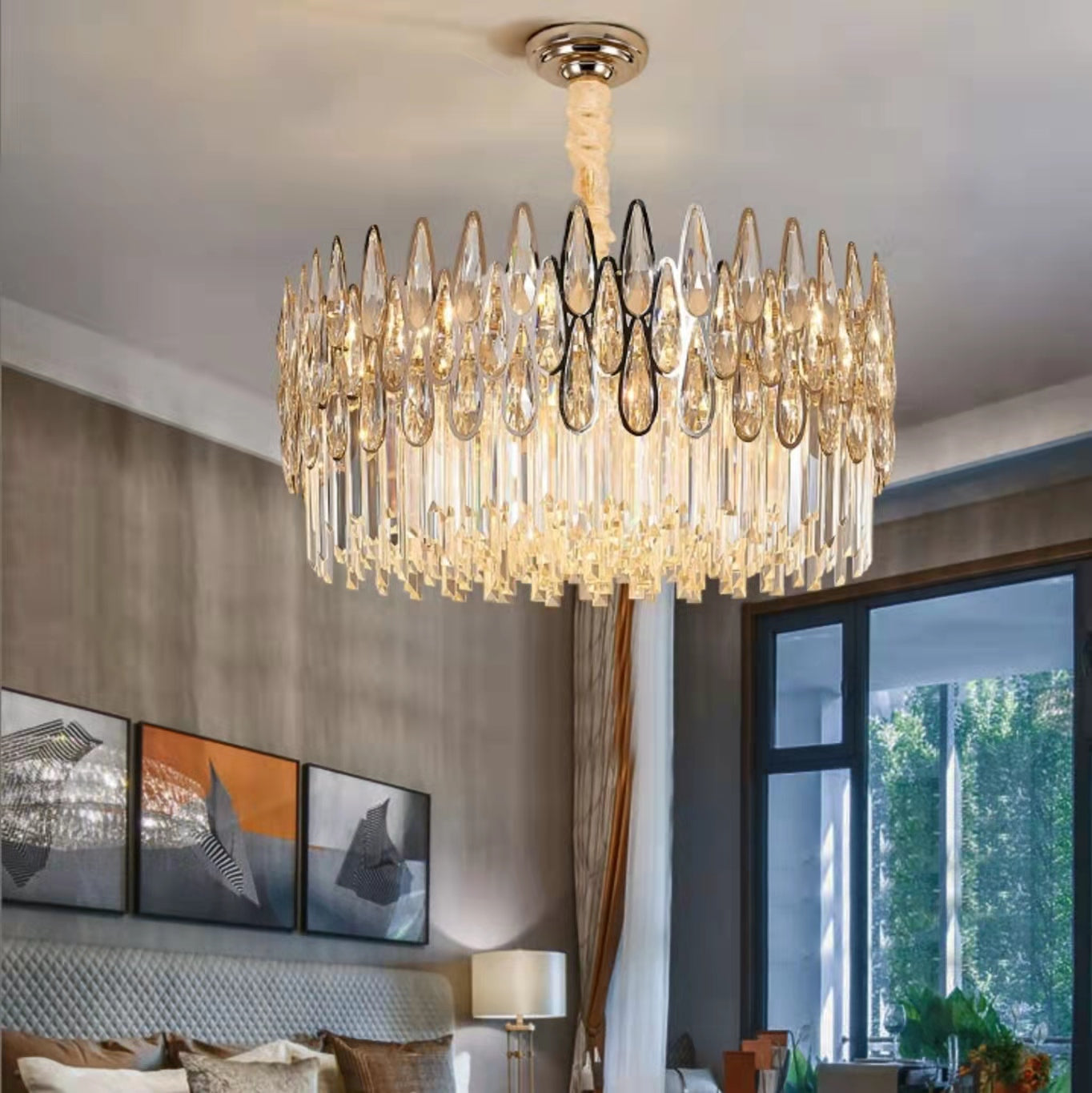 Lampadario rotondo in cristallo, moderno, da soffitto per soggiorno