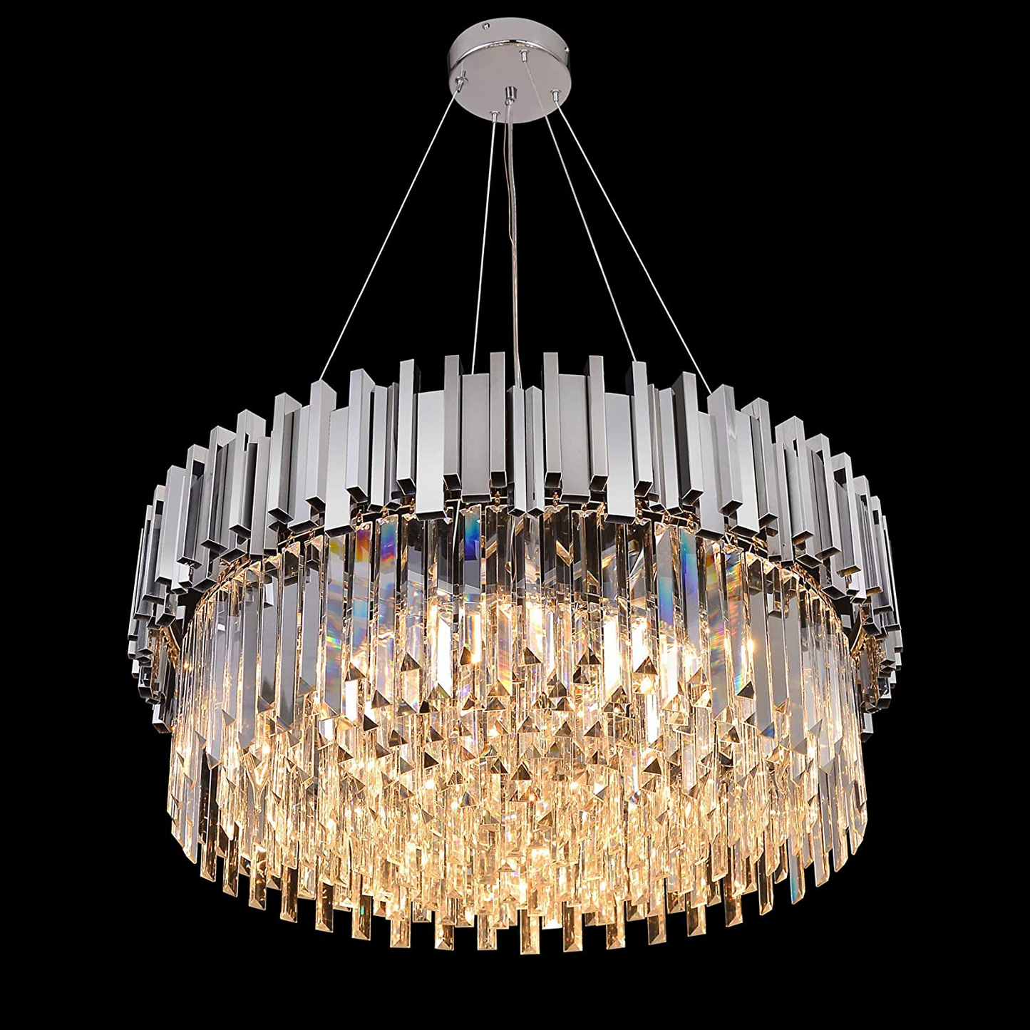 Tiered Gold Chandelier With Rectangle-Cut Crystal Modern LED Hanging Light