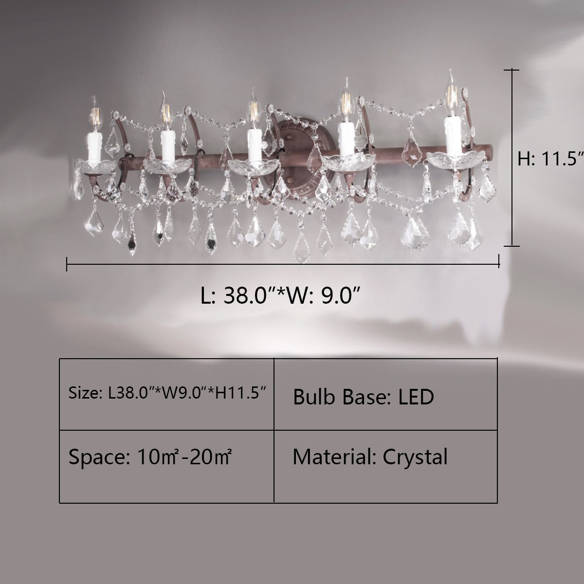 5Light: L38.0"*W9.0"*H11.5" wall light,wall source,candle,crystal pendant,rectangle,raindrop,teardrop,classical,pendant,light,lamp