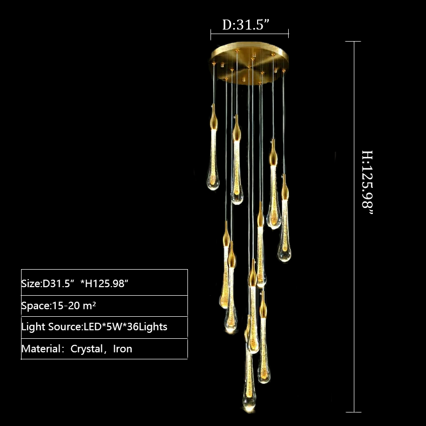Extra Large Customization Staircase Chandelier Golden Water Drop Extra Length 125.98inch