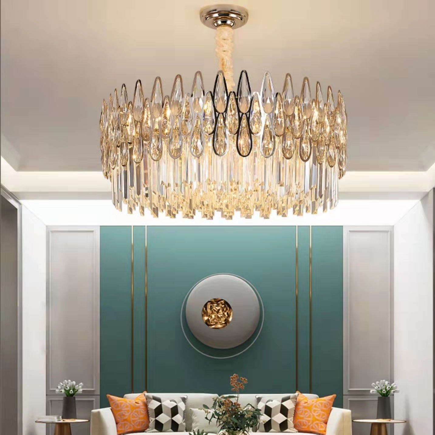 Lampadario rotondo in cristallo, moderno, da soffitto per soggiorno