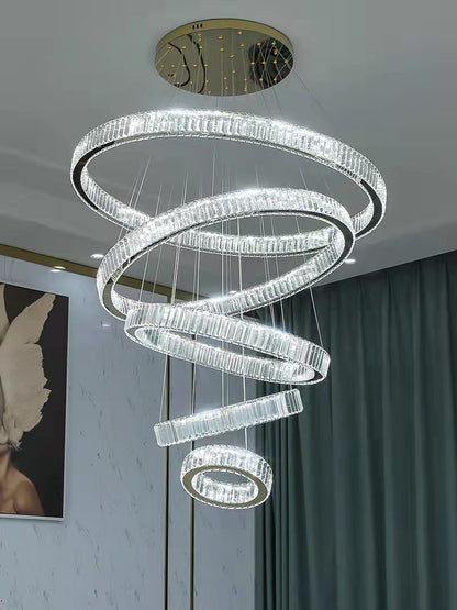 Extra Length Modern Front Entryway Luxury Aesthetic Chandelier 5 Rings Crystal Gold/ Chrome Finish Ceiling Lamp For Hotel Hallway Entrance Lobby