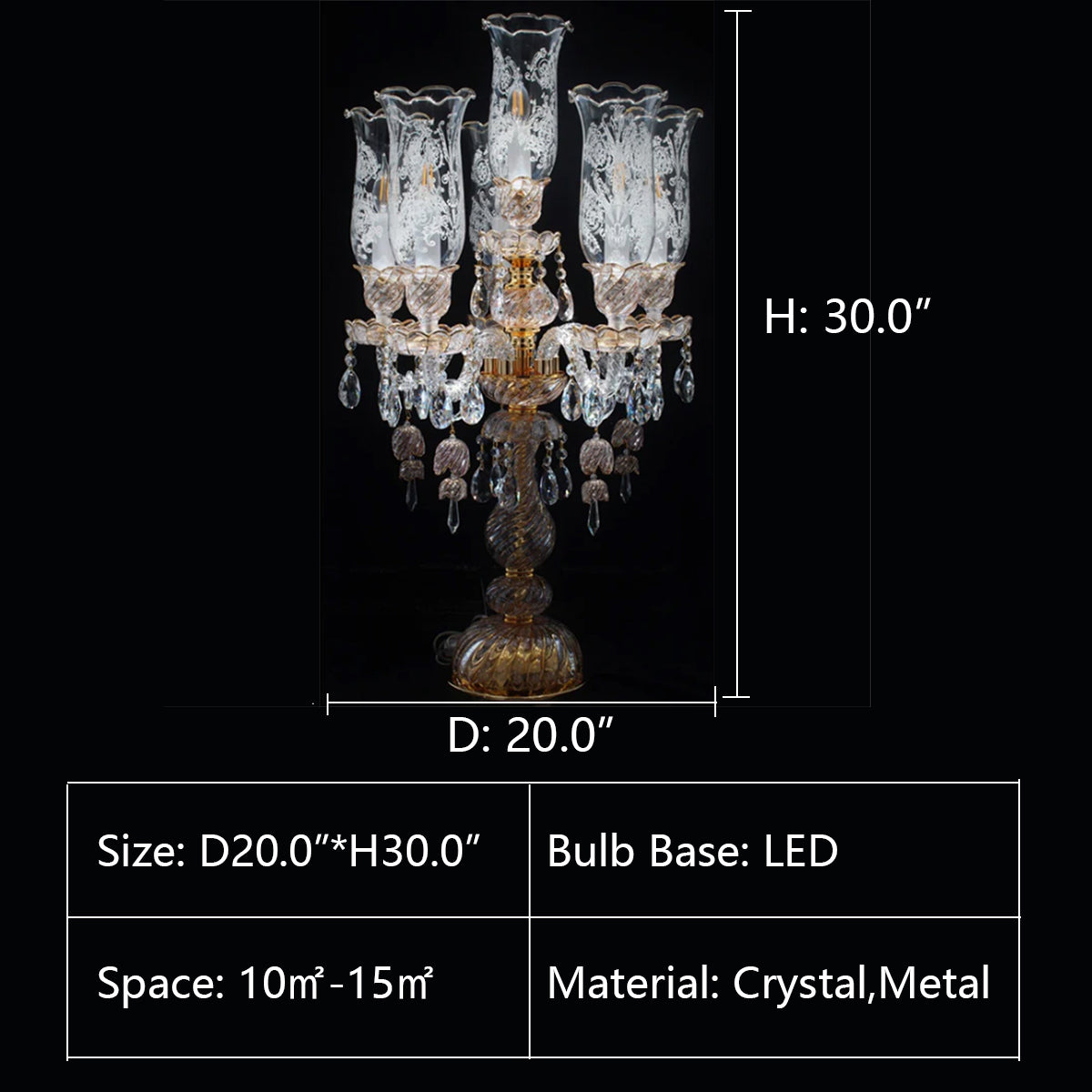 D20.0"*H30.0" 6 Light Marbella Table Lamp In Gold,lamps,lamp,lights,table lamp,candle,crystal,crystal shade,raindrop,teardrop,pendant,luxury,modern,light luxury,bedside,bedroom,living room,dining room