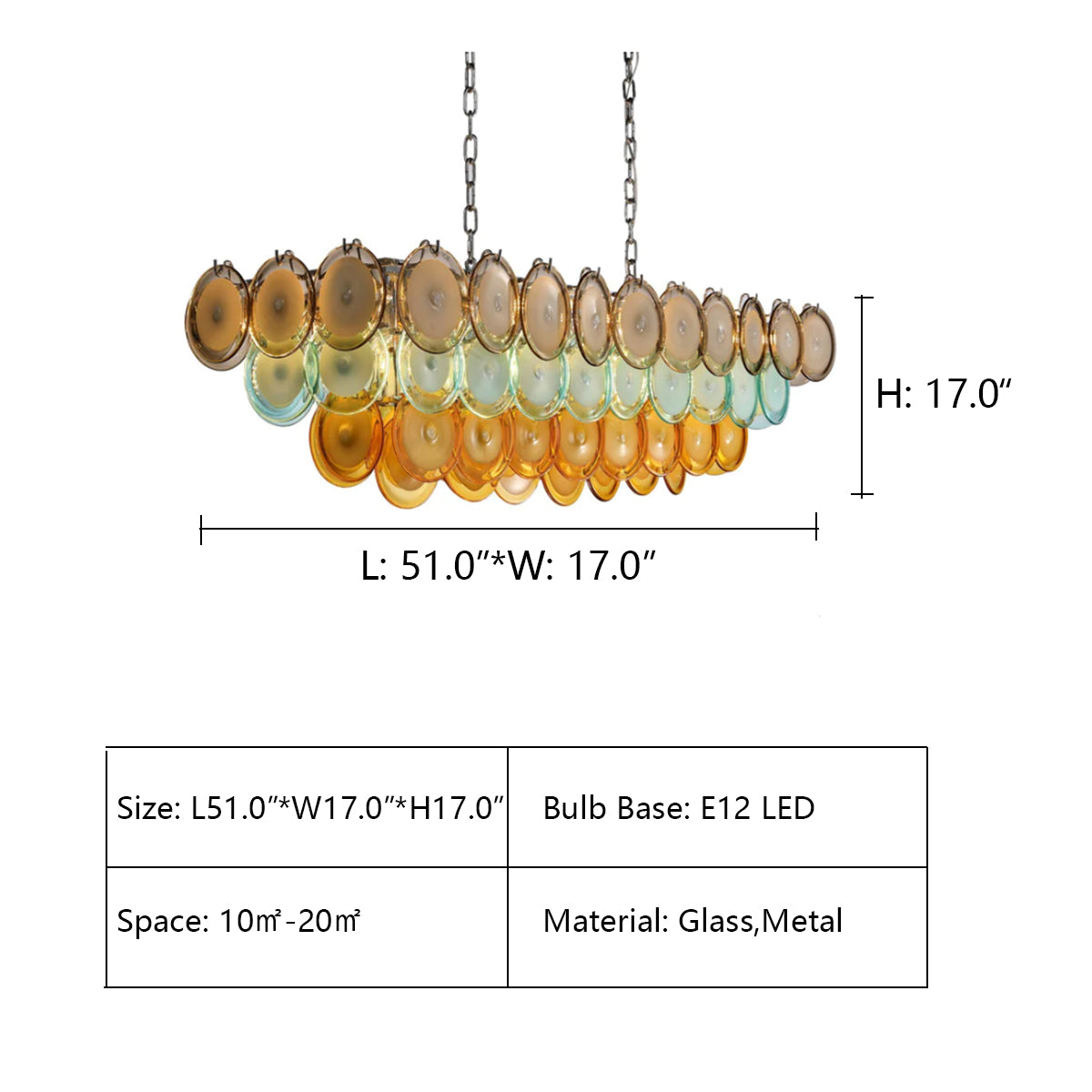 L51.0"*W17.0"*H17.0" Bettina Murano Rectangle/ Linear Glass Chandelier,chandelier,chandeliers,glass,metal,colorful,stained,smoke,green,amber,tier,layers,multi-tier,multi-layer,round,rectangle,dining room,kitchen island,bar,dining table,long table,living room,dining bar,kitchen bar