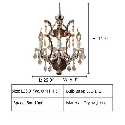 3Light: L25.0"*W9.0"*H11.5" 19TH C. ROCOCO IRON & CLEAR CRYSTAL SCONCE,Candle Living Room Sconce Light Rustic Clear Crystal 3 Lights LED Wall Lighting Fixture in Rust,MN ORB CRYSTAL 3L SCONCE