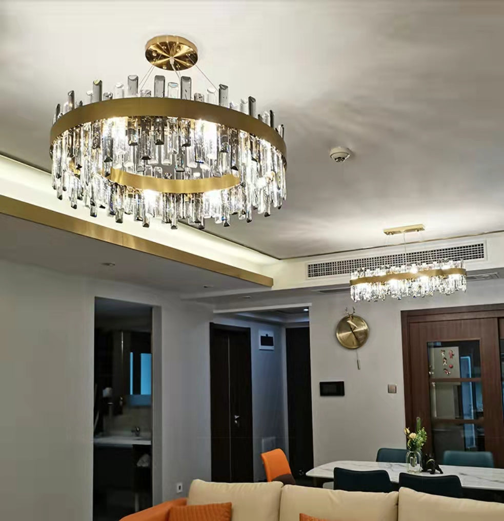Lustre rond en cristal, luminaire de plafond moderne et luxueux pour salon et salle à manger