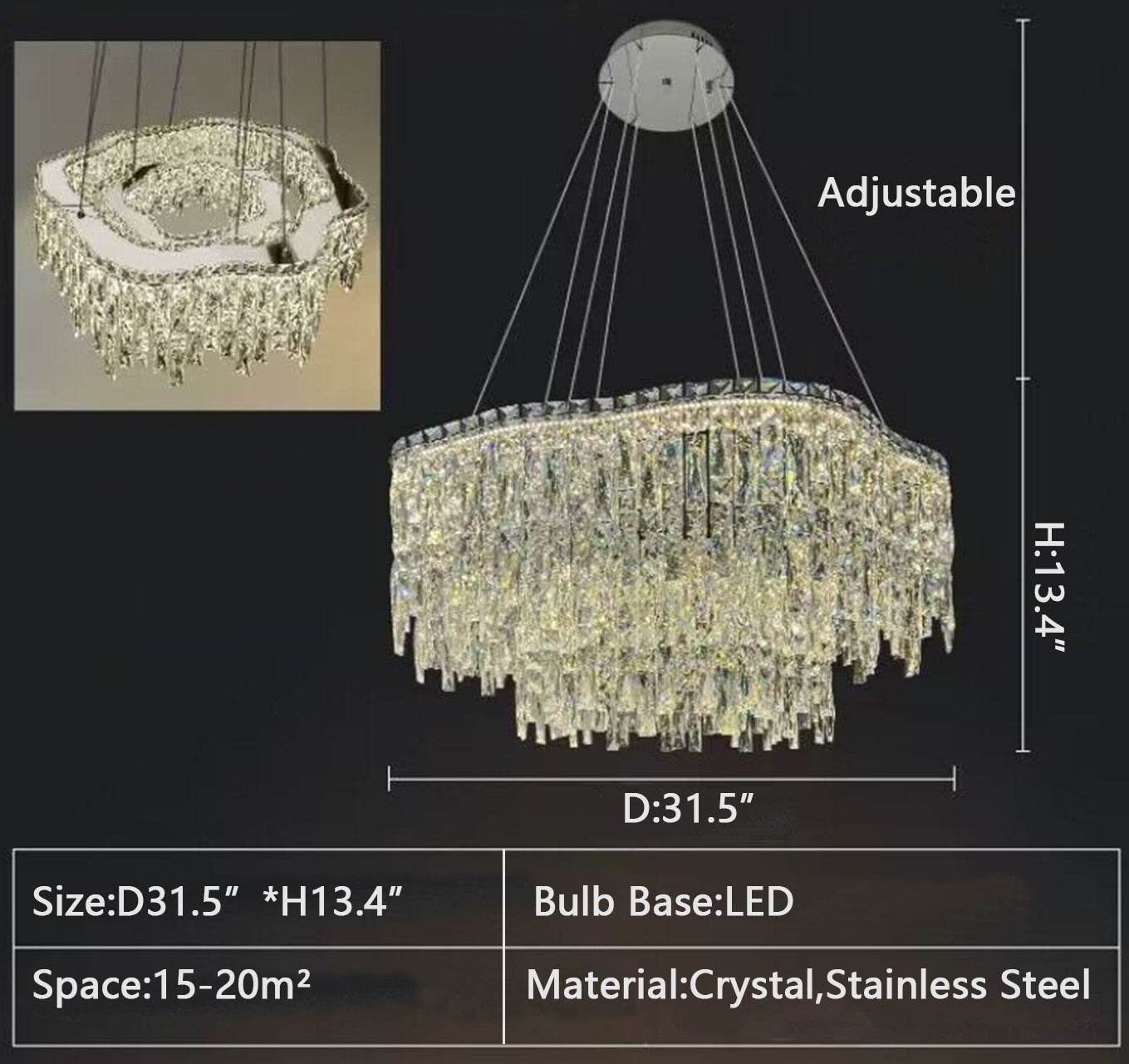 2Layer: D31.5"*H13.4" chandelier,chandeliers,pendant,rods,crystal,metal,stainless steel,clound,rectangle,oval,round,rings,ceiling,kitchen island,kitchen bar,bar,dinng table,dining bar,living room,bedroom,bathroom,home office