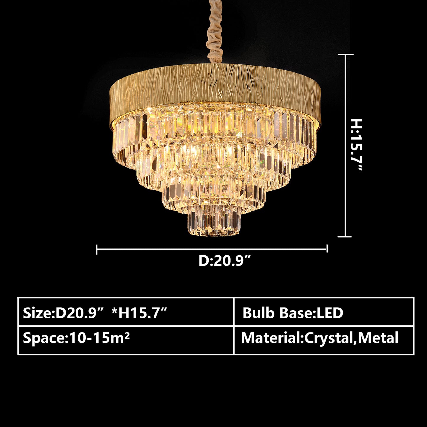Round:D20.9"*H15.7" chandelier,chandeliers,light,lamp,pendant,round,oval,tiers,layers,multi-tier,multi-layer,gold,luxury,light luxury,ceiling,chain,crystal,metal,living room,dining room,bedroom,dining table,bar,hallway