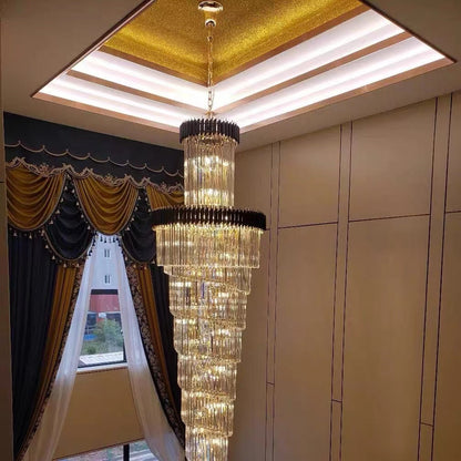Customer photo Oversized Customization Vertical Long Crystal 2 Story Foyer Hallway Chandelier Spiral Staircase High Ceiling Lighting Fixture In Black/ Gold Finish
