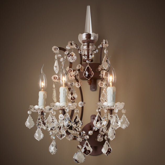 Rococo 3-Lights Classical Candle Raindrop Crystal Pendant Wall Light