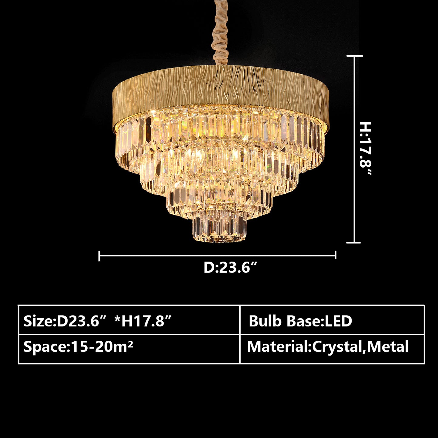 Round:D23.6"*H17.8" chandelier,chandeliers,light,lamp,pendant,round,oval,tiers,layers,multi-tier,multi-layer,gold,luxury,light luxury,ceiling,chain,crystal,metal,living room,dining room,bedroom,dining table,bar,hallway