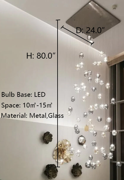 D24.0"*H80.0" ZARA SQUARE RAINFALL / WATERFALL GLASS GLOBE / BUBBLE CHANDELIER,ZARA RECTANGLE RAINFALL / WATERFALL GLASS GLOBE / BUBBLE CHANDELIER,chandelier,chandeliers,glass,metal,bubble,sphere,multiple,glass bubble,glass sphere,flush mount,ceiling,gold,extra large,large,huge,big,oversized,round,rectangle,square
