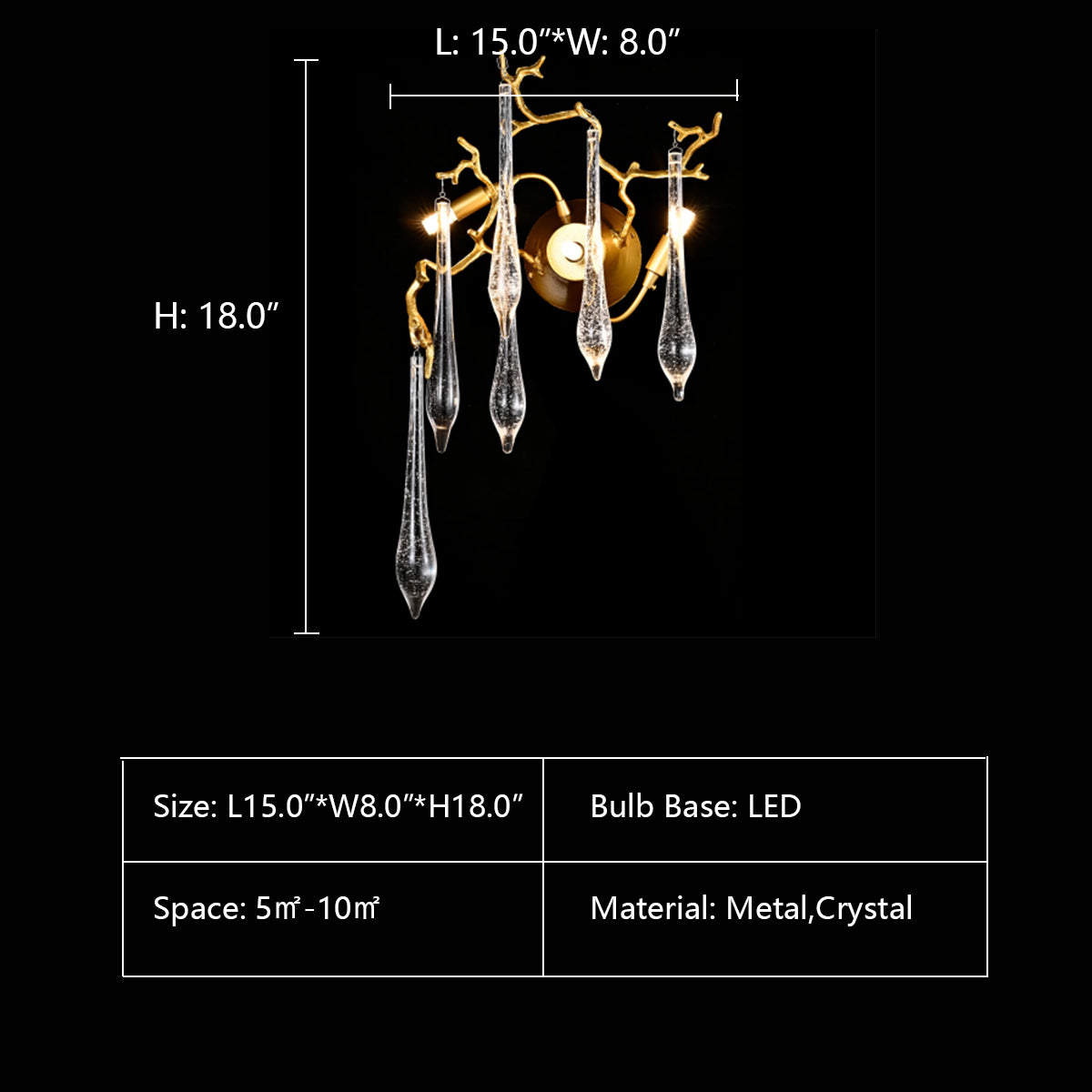 L15.0"*W8.0"*H18.0" LUKAS ORGANIC BRANCHING TEARDROP SCONCE,lamps,lights,wall lamp,wall light,teardrop,raindrop,glass,crystal,metal,gold,luxury,branch,wall source