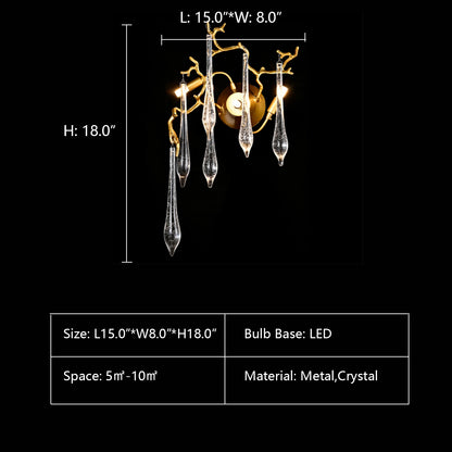 L15.0"*W8.0"*H18.0" LUKAS ORGANIC BRANCHING TEARDROP SCONCE,lamps,lights,wall lamp,wall light,teardrop,raindrop,glass,crystal,metal,gold,luxury,branch,wall source