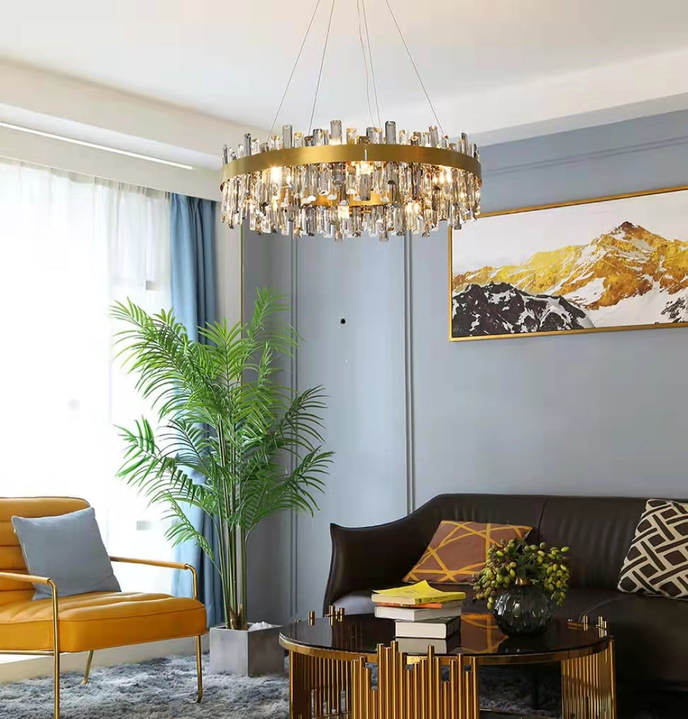 Lustre rond en cristal, luminaire de plafond moderne et luxueux pour salon et salle à manger