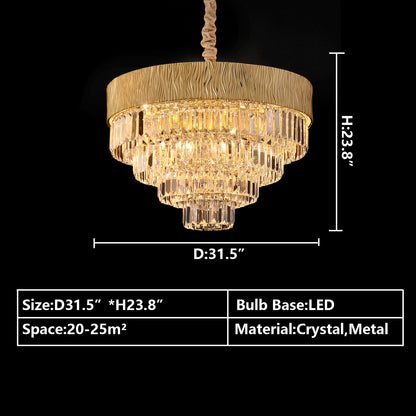 Round:D31.5"*H23.8" chandelier,chandeliers,light,lamp,pendant,round,oval,tiers,layers,multi-tier,multi-layer,gold,luxury,light luxury,ceiling,chain,crystal,metal,living room,dining room,bedroom,dining table,bar,hallway