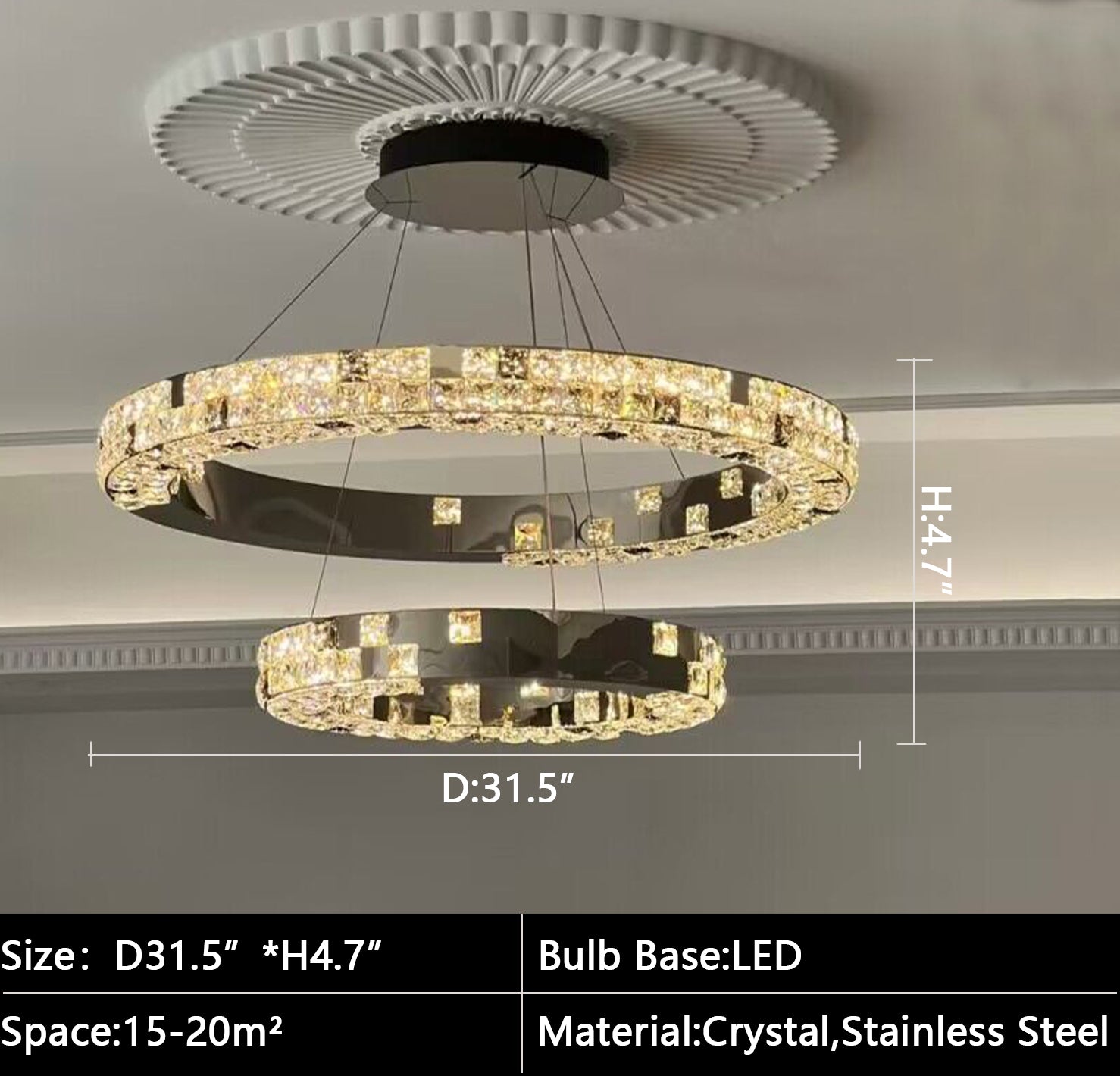 D31.5"*H4.7" Light luxury ring-round two layers/tier crystal chandelier for villas/duplex buidings living room/dining room/bedroom
