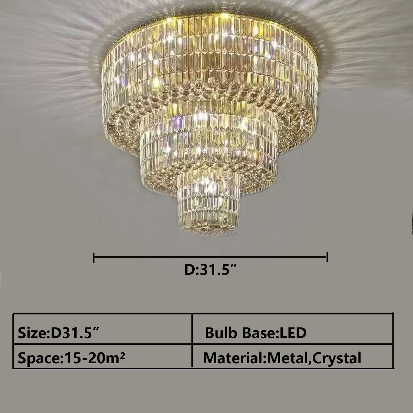 D31.5" chandelier,chandeliers,pendant,flush mount,ceiling,tiers,layers,multi-tier,multi-layer,round,metal,crystal,dold,luxury,light luxury,living room,dining room,entrys,foyers,hallway