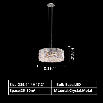 Round:D39.4"*H47.6" chandelier,chandeliers,pendant,round,oval,ceiling,crystal,metal,chrome,silver,clear crystal,adjustable,chain,light luxury,luxury,living room,dining room,foyer,entrys,hallway,bathroom,bedroom,home office