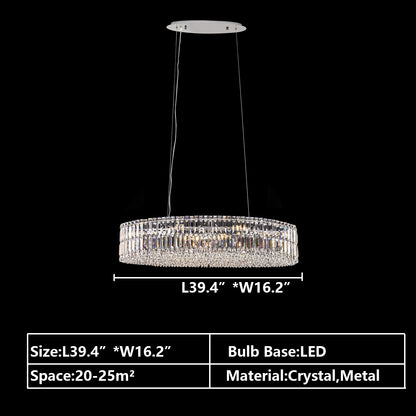 Oval:L39.4"*W16.2" chandelier,chandeliers,pendant,round,oval,ceiling,crystal,metal,chrome,silver,clear crystal,adjustable,chain,light luxury,luxury,living room,dining room,foyer,entrys,hallway,bathroom,bedroom,home office