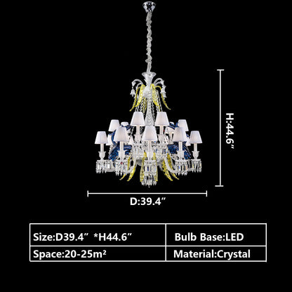 D39.4"*H44.6" chandelier,chandeliers,pendant,crystal,metal,glass,colorful,stained,yellow,blue,candle,glass shade,red,oversized,large,huge,big,luxury,living room,dining room,foyer,entrys,hallway,loft,stairs