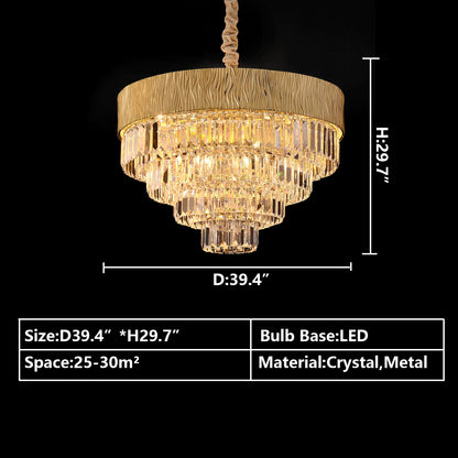 Round:D39.4"*H29.7" chandelier,chandeliers,light,lamp,pendant,round,oval,tiers,layers,multi-tier,multi-layer,gold,luxury,light luxury,ceiling,chain,crystal,metal,living room,dining room,bedroom,dining table,bar,hallway