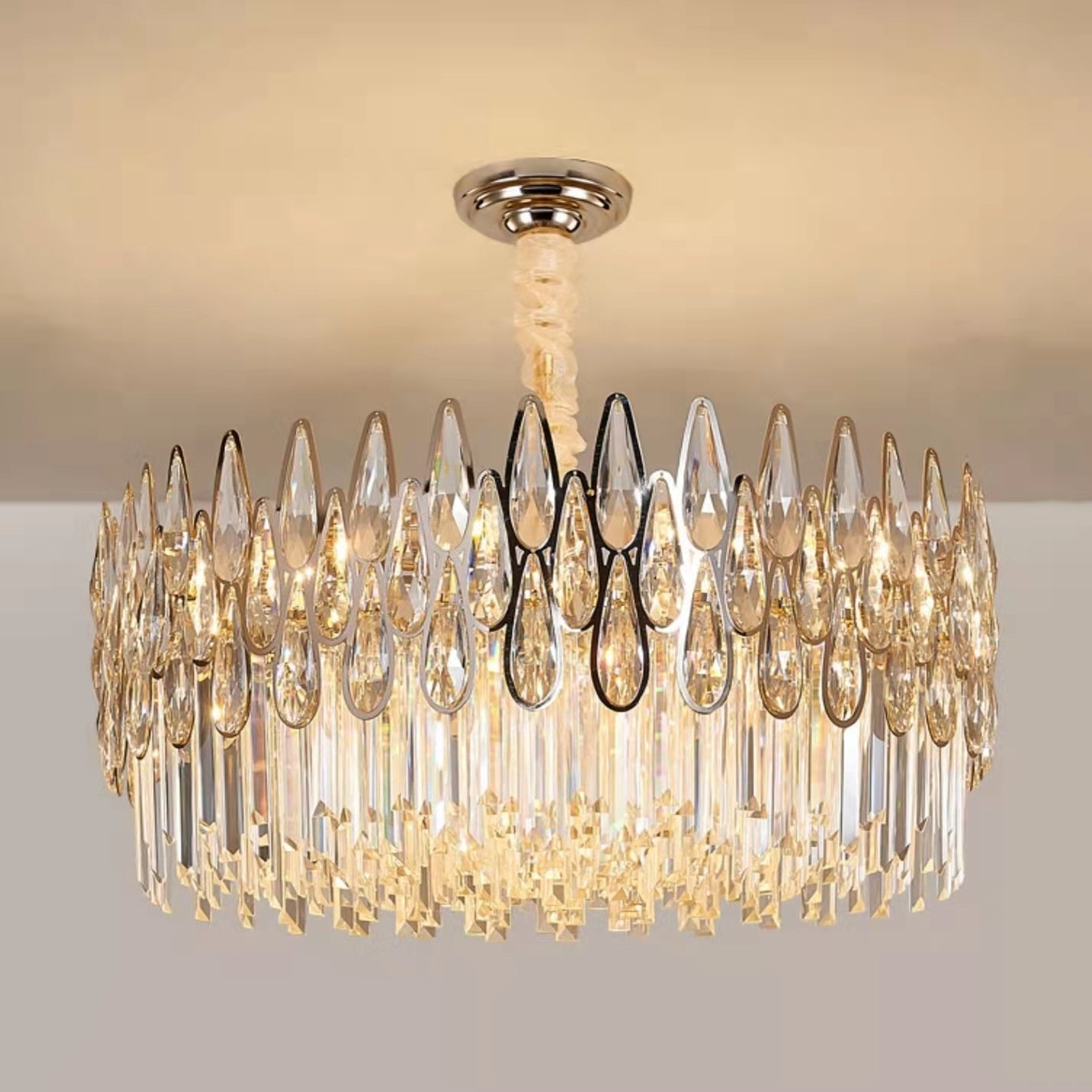 Lampadario rotondo in cristallo, moderno, da soffitto per soggiorno