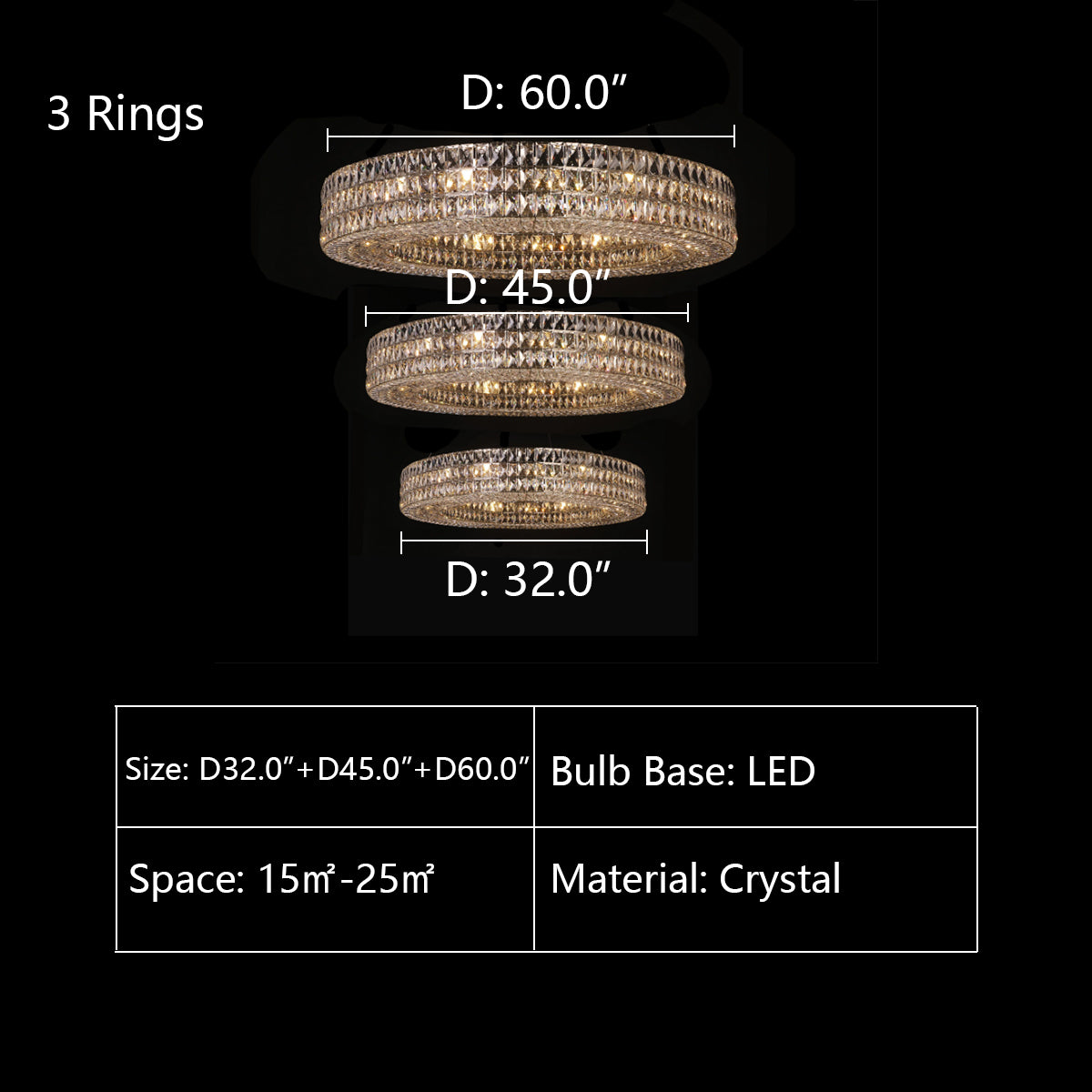 3Rings: D60.0" D45.0" D32.0" chandelier,chandeliers,crystal,rings,round,multi-tier,tiers,layers,ceiling,living room,high-ceiling room,foyer,3 rings,2rings,extra large,large,oversized,huge,big,long,high