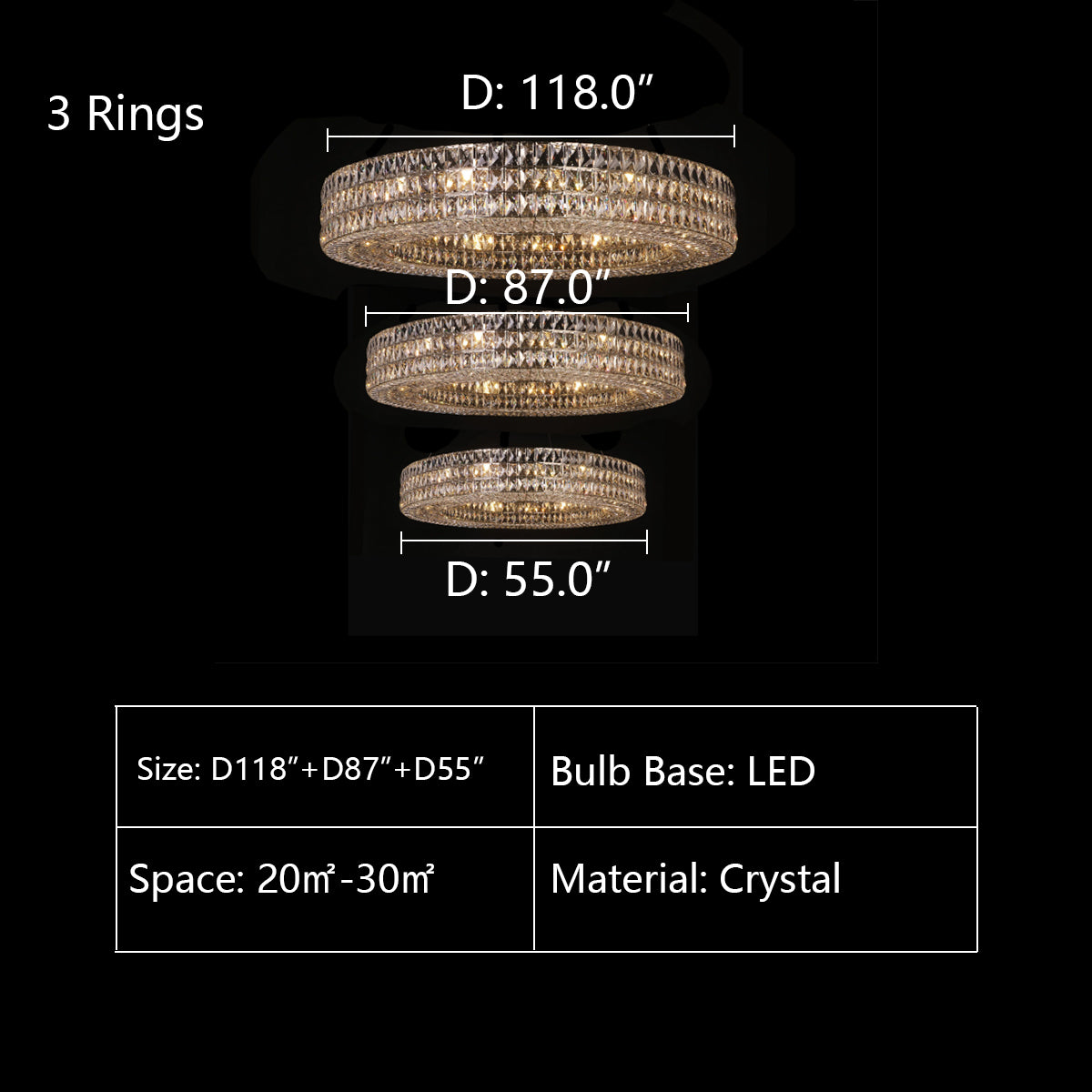 3Rings: D118.0" D87.0" D55.0" chandelier,chandeliers,crystal,rings,round,multi-tier,tiers,layers,ceiling,living room,high-ceiling room,foyer,3 rings,2rings,extra large,large,oversized,huge,big,long,high