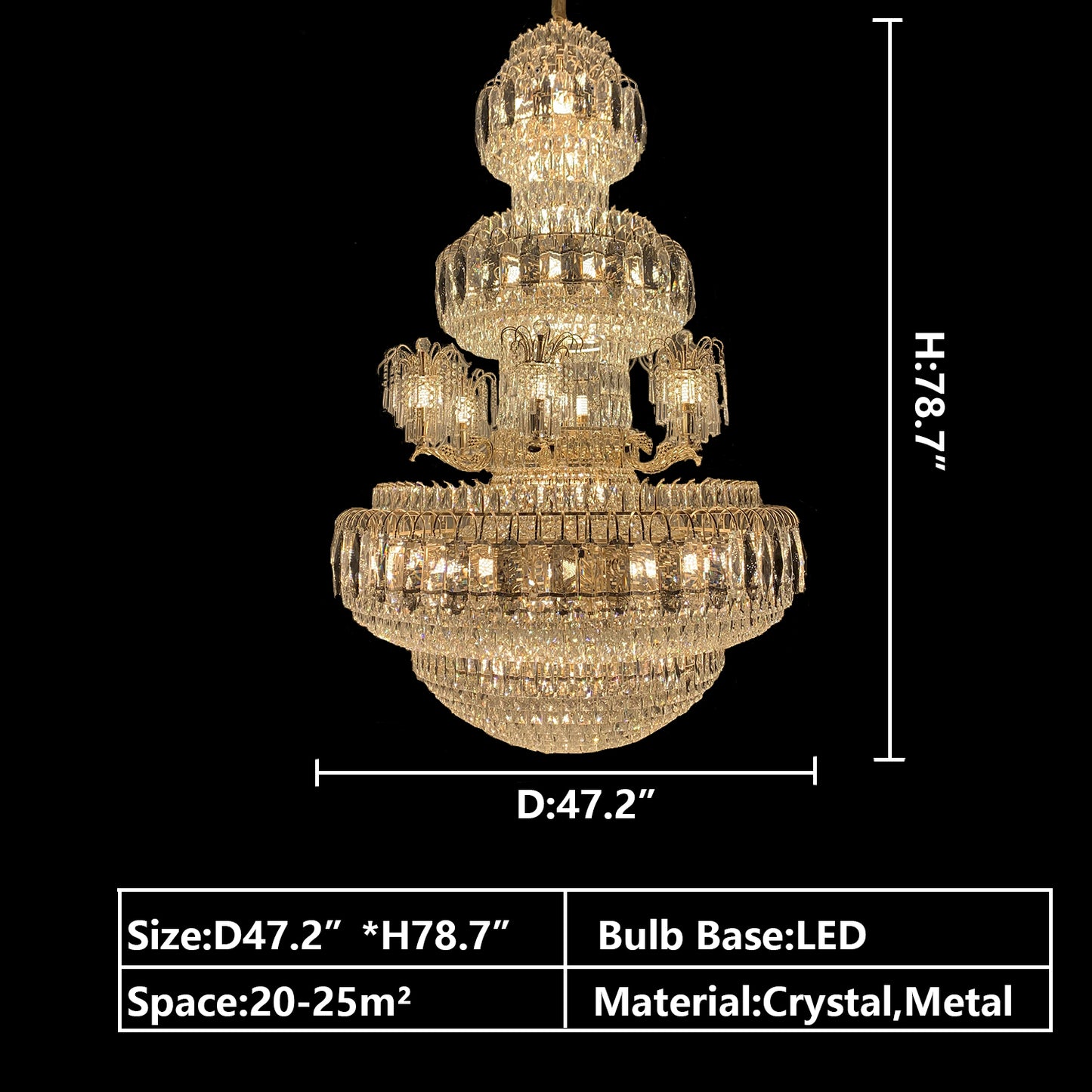 D47.2"*H78.7" chandelier,chaandeliers,pendant,crystal,metal,gold,luxury,empire,ceiling,tiers,layers,multi-tier,extra large,oversized,large,huge,big,living room,dining room,high-ceiling room,foyer,stairs,hallway,entryance,hotel lobby,duplex hall,loft