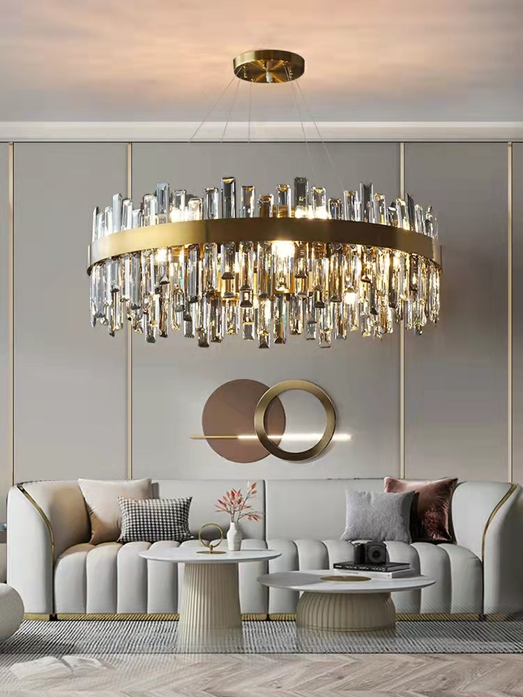 Lustre rond en cristal, luminaire de plafond moderne et luxueux pour salon et salle à manger