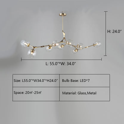 7 Lights: L55.0"*W34.0"*H24.0" Metal Releaf Horizontal Globe Branching Bubble Chandelier,chandelier,chandeliers,branch,glass,cup,ceiling,metal,kitchen island,dining table,bar,dining room,kitchen bar,clear,smoke