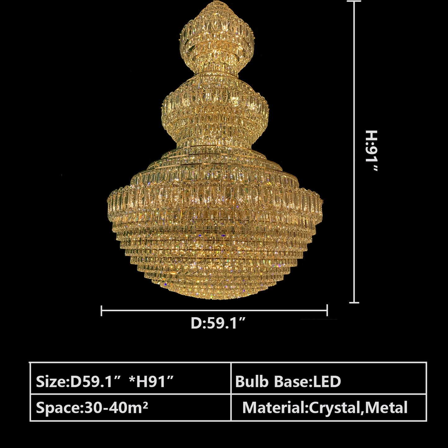 D59.1"*H91.0" chandelier,chaandeliers,pendant,crystal,metal,gold,luxury,empire,ceiling,tiers,layers,multi-tier,extra large,oversized,large,huge,big,living room,dining room,high-ceiling room,foyer,stairs,hallway,entryance,hotel lobby,duplex hall,loft