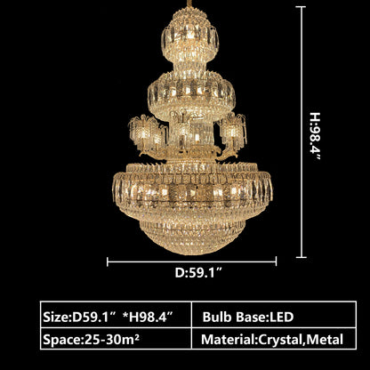 D59.1"*H98.4" chandelier,chaandeliers,pendant,crystal,metal,gold,luxury,empire,ceiling,tiers,layers,multi-tier,extra large,oversized,large,huge,big,living room,dining room,high-ceiling room,foyer,stairs,hallway,entryance,hotel lobby,duplex hall,loft